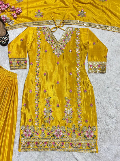 Captivating Yellow Color Pure Chinon Silk With Heavy Embroidery Coding Sequence Work Palazzo Suit