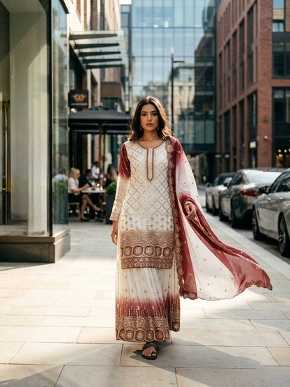 Precious Red Color Heavy Embroidered Sequence Palazzo Suit With Dupatta