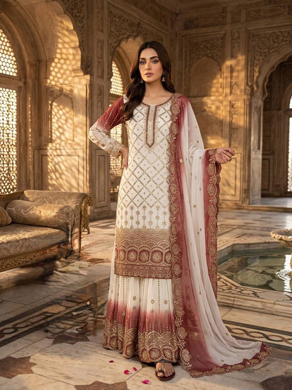Precious Red Color Heavy Embroidered Sequence Palazzo Suit With Dupatta