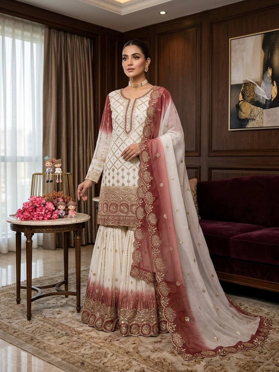 Precious Red Color Heavy Embroidered Sequence Palazzo Suit With Dupatta
