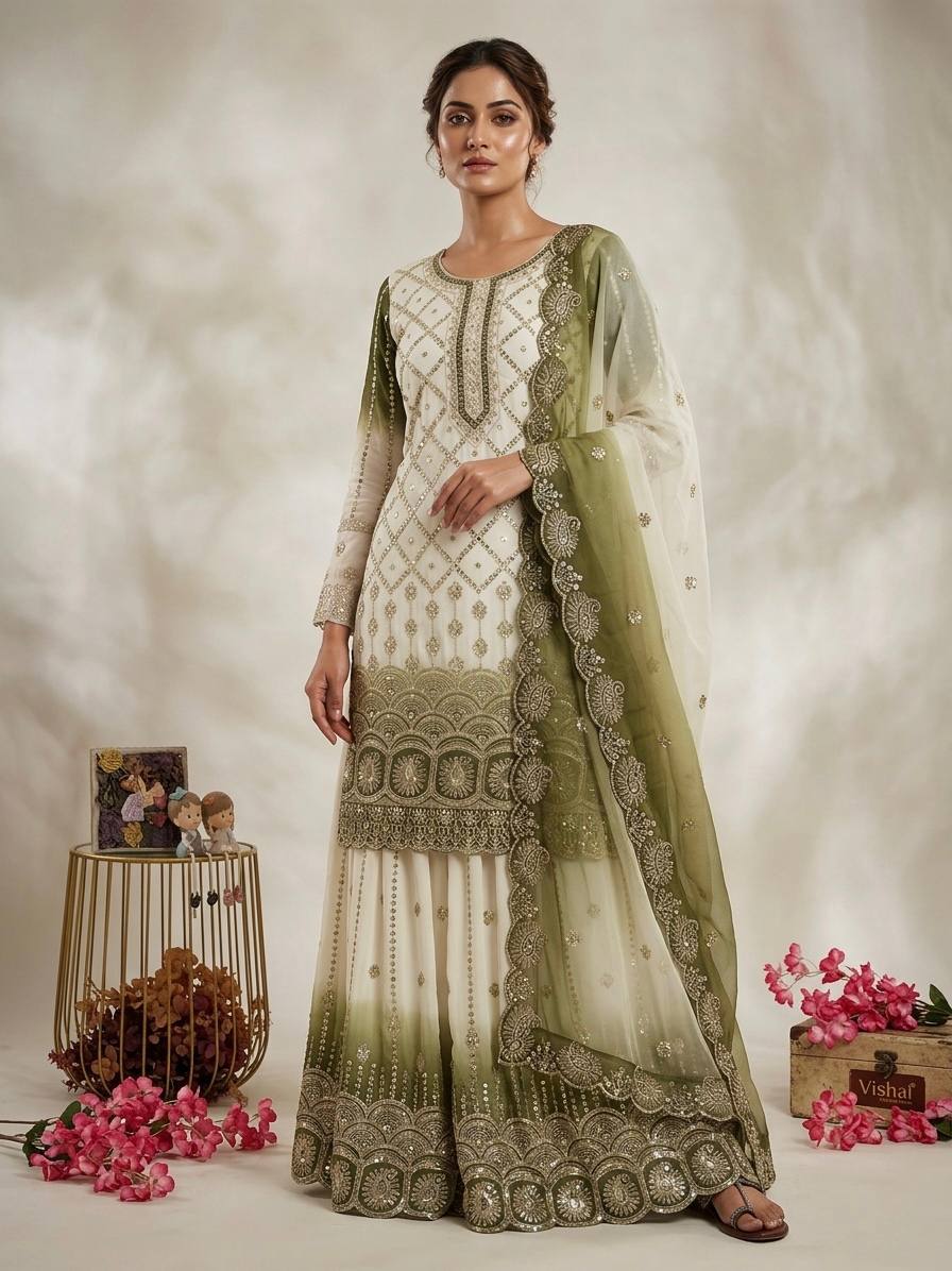Gorgeous Green Color Heavy Embroidered Sequence Palazzo Suit