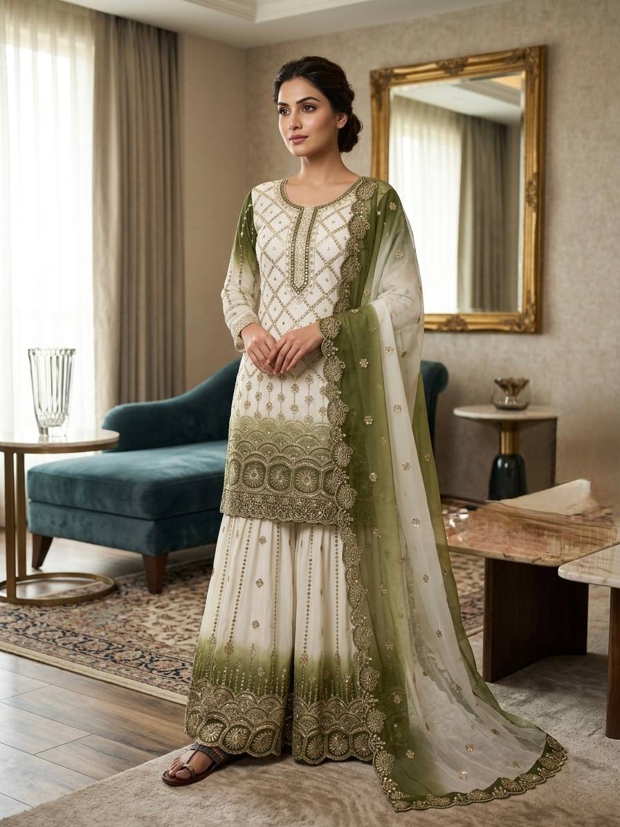 Gorgeous Green Color Heavy Embroidered Sequence Palazzo Suit