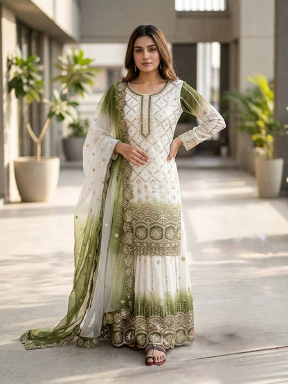 Gorgeous Green Color Heavy Embroidered Sequence Palazzo Suit