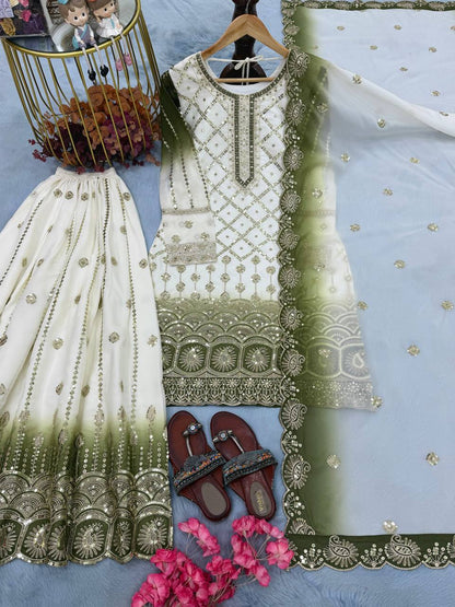 Gorgeous Green Color Heavy Embroidered Sequence Palazzo Suit
