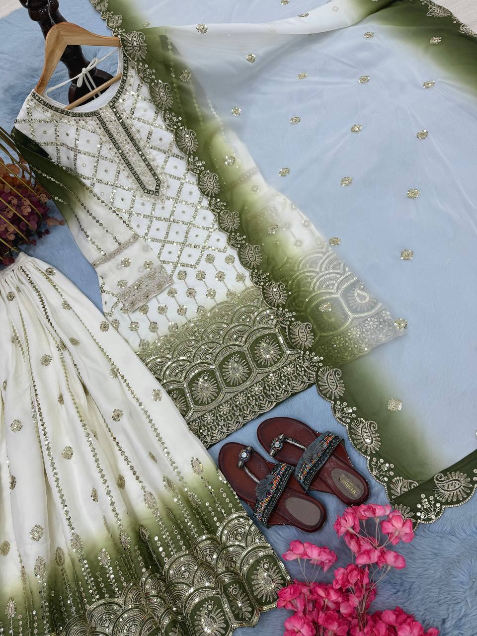 Gorgeous Green Color Heavy Embroidered Sequence Palazzo Suit