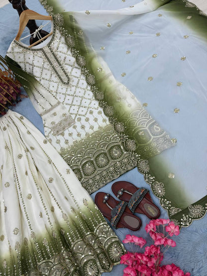 Gorgeous Green Color Heavy Embroidered Sequence Palazzo Suit