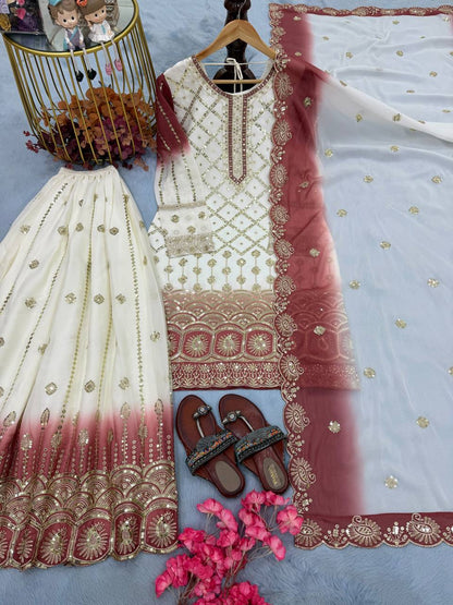Precious Red Color Heavy Embroidered Sequence Palazzo Suit With Dupatta