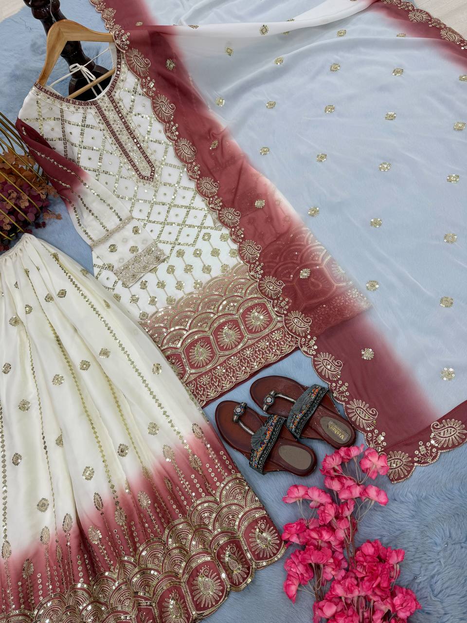 Precious Red Color Heavy Embroidered Sequence Palazzo Suit With Dupatta
