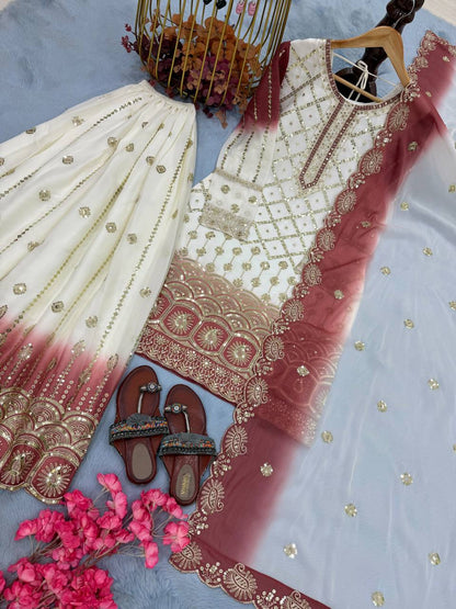 Precious Red Color Heavy Embroidered Sequence Palazzo Suit With Dupatta