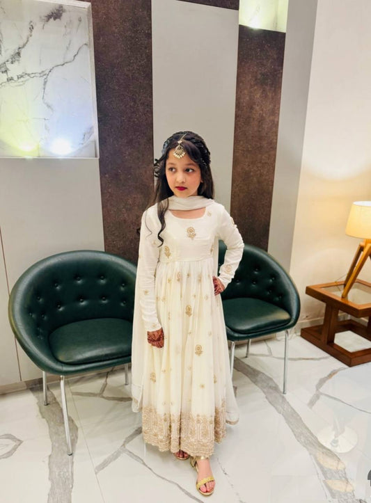 Designer Sequence Embroidered White Color Gown Set For Girls