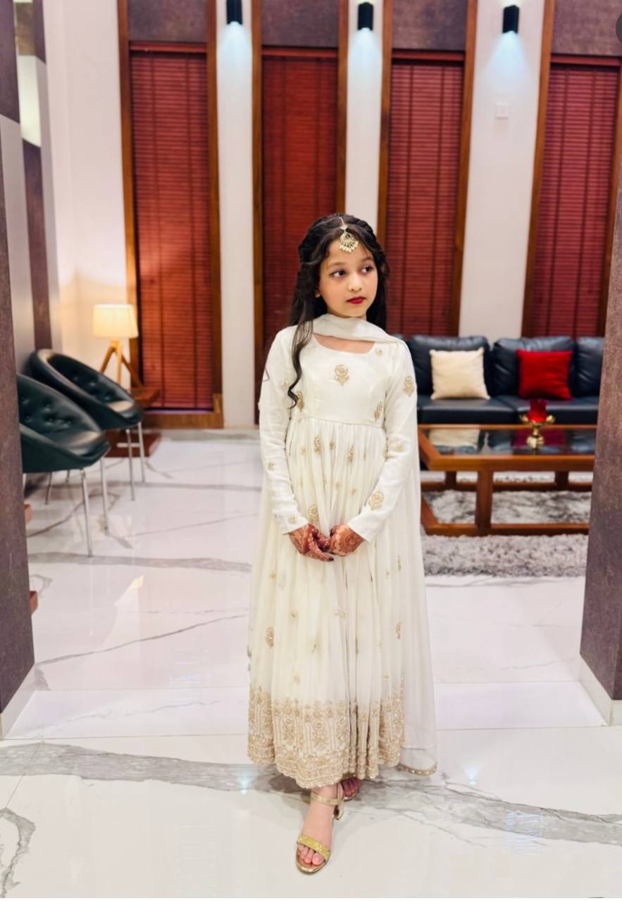 Designer Sequence Embroidered White Color Gown Set For Girls