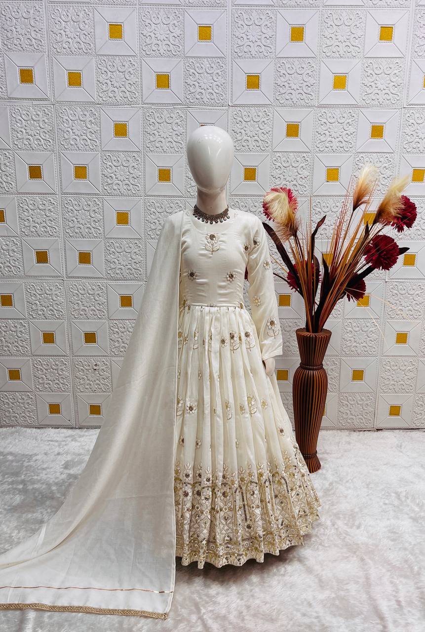 Designer Sequence Embroidered White Color Gown Set For Girls