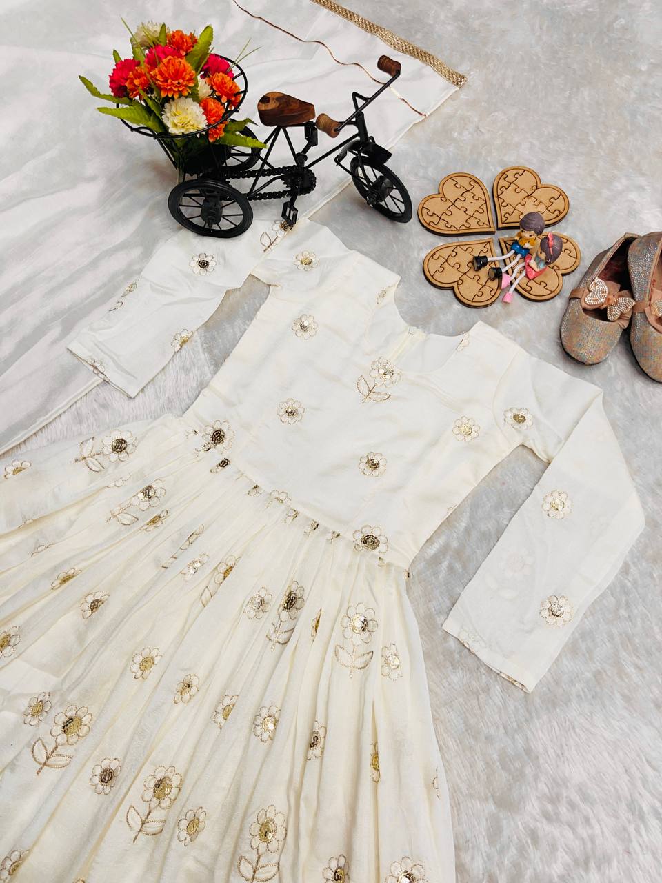 Designer Sequence Embroidered White Color Gown Set For Girls