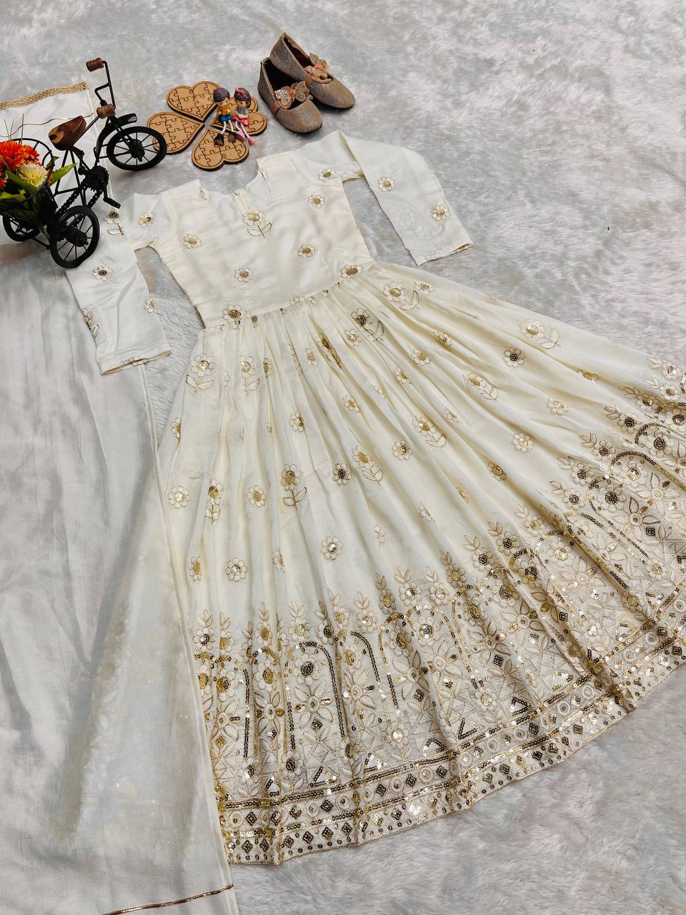 Designer Sequence Embroidered White Color Gown Set For Girls