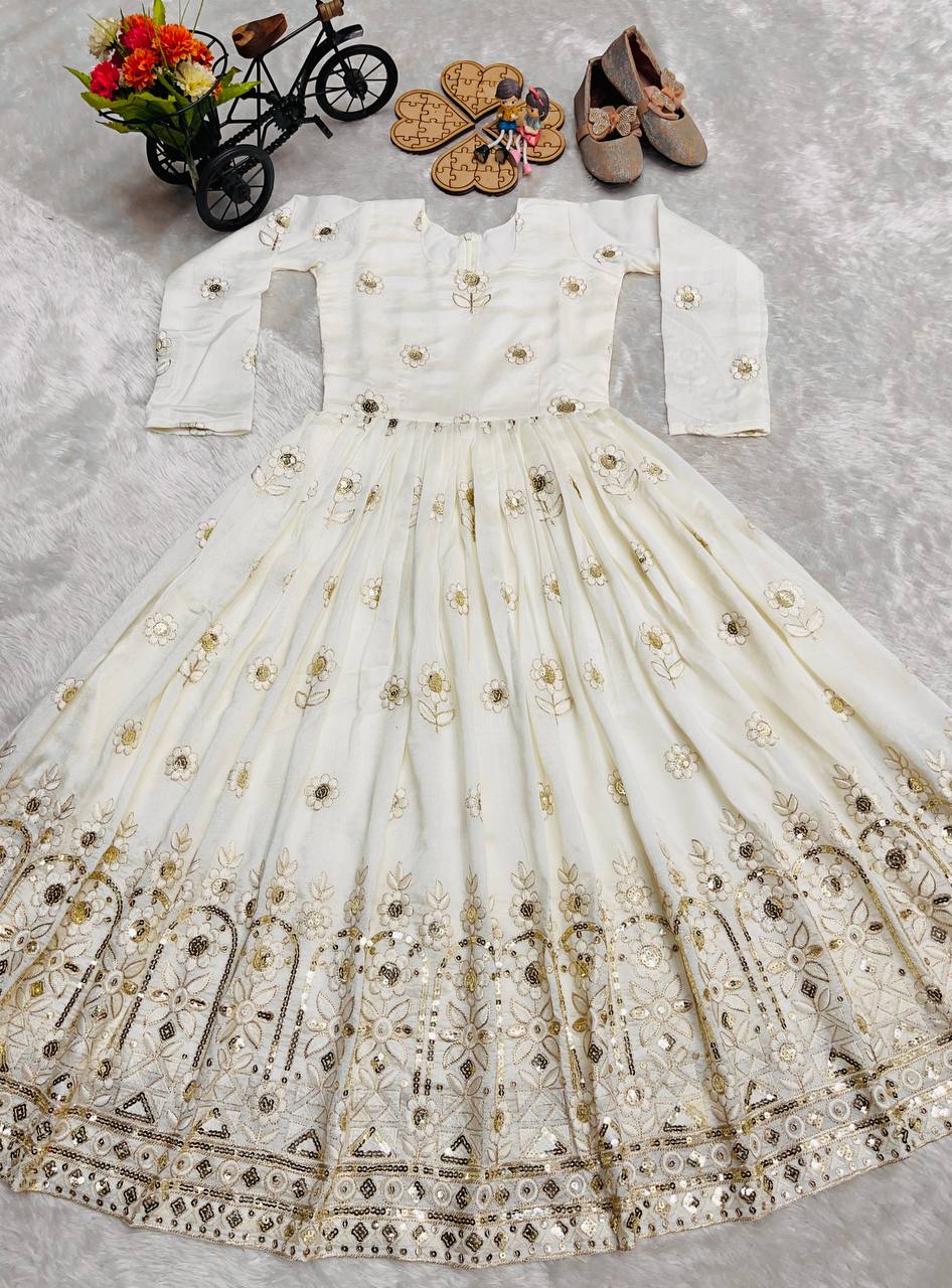 Designer Sequence Embroidered White Color Gown Set For Girls