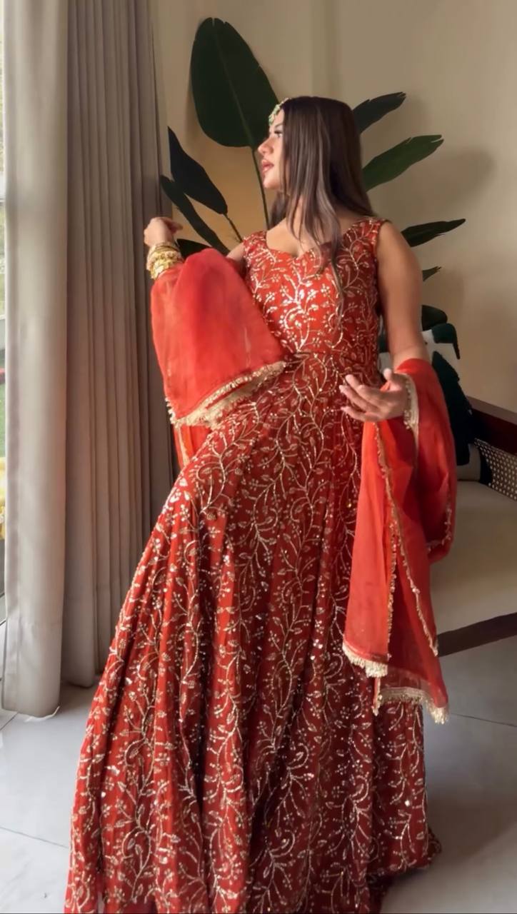 Eye Catching Orange Color Faux Georgette Palazzo Suit With Dupatta