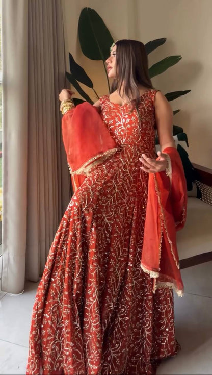 Eye Catching Orange Color Faux Georgette Palazzo Suit With Dupatta