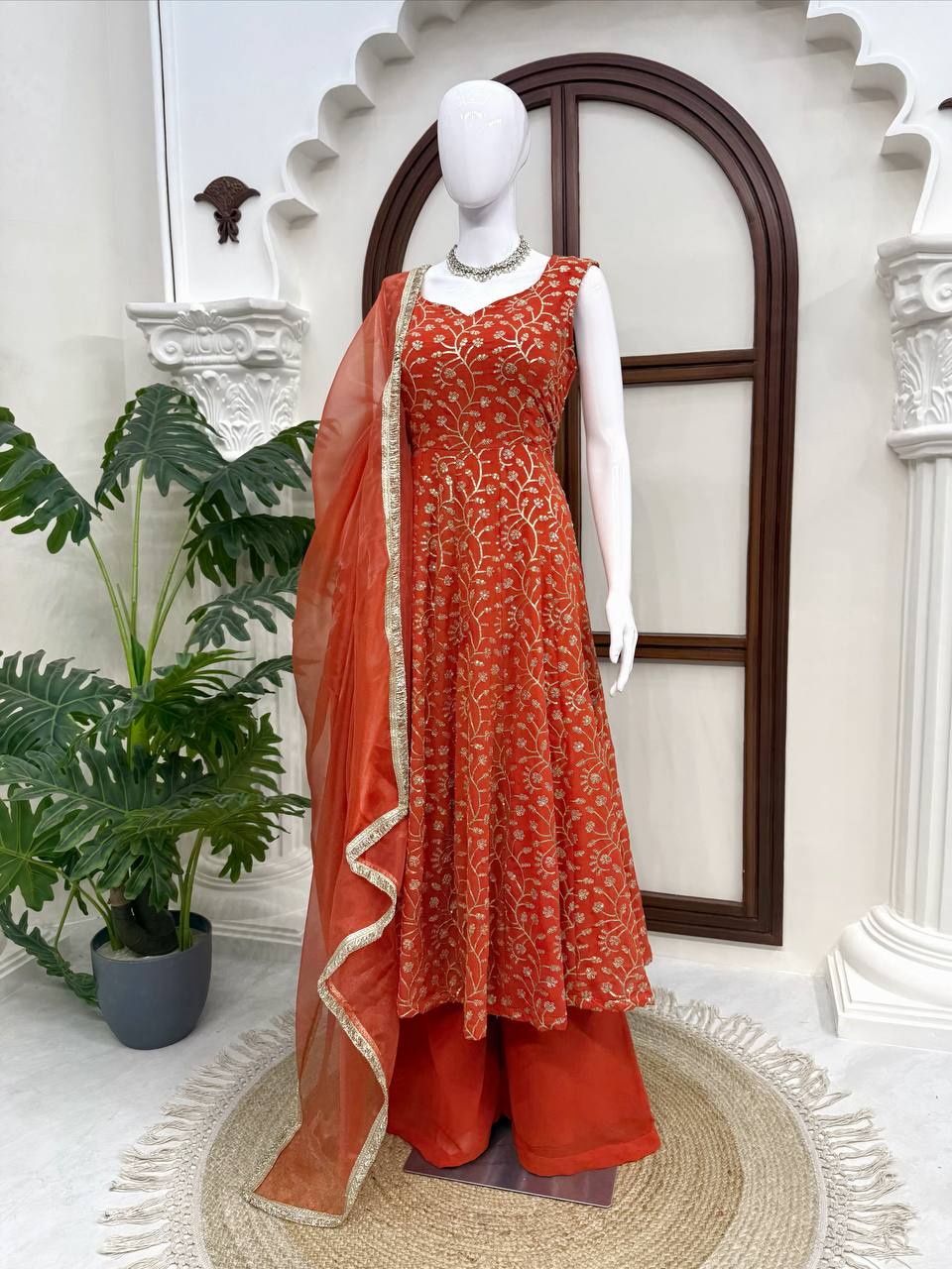 Eye Catching Orange Color Faux Georgette Palazzo Suit With Dupatta