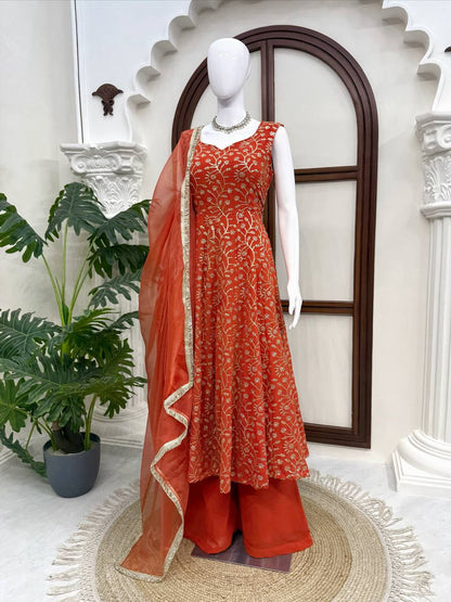 Eye Catching Orange Color Faux Georgette Palazzo Suit With Dupatta