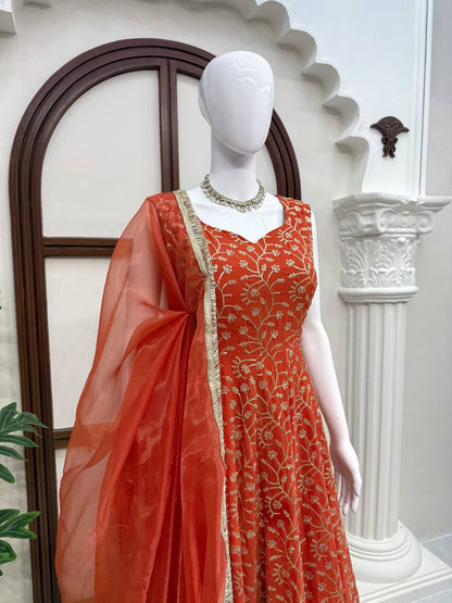 Eye Catching Orange Color Faux Georgette Palazzo Suit With Dupatta