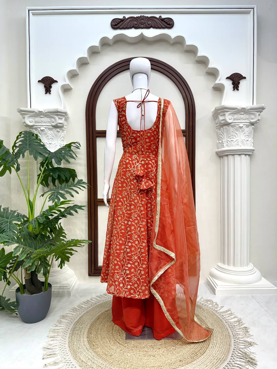 Eye Catching Orange Color Faux Georgette Palazzo Suit With Dupatta