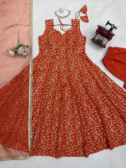 Eye Catching Orange Color Faux Georgette Palazzo Suit With Dupatta