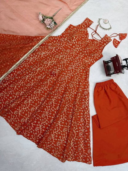 Eye Catching Orange Color Faux Georgette Palazzo Suit With Dupatta