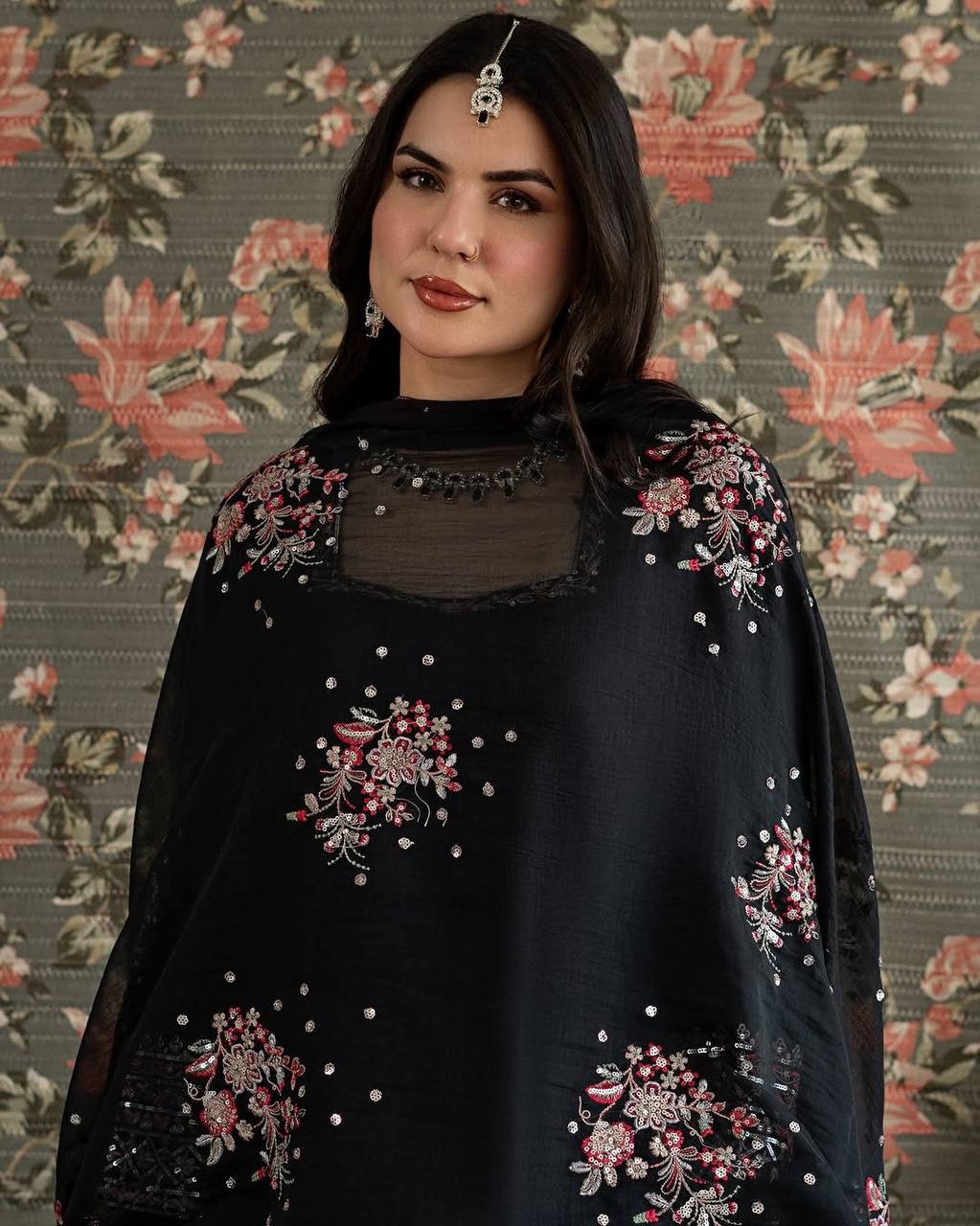 Imposing Black Color Sequence Thread Work Palazzo Suit