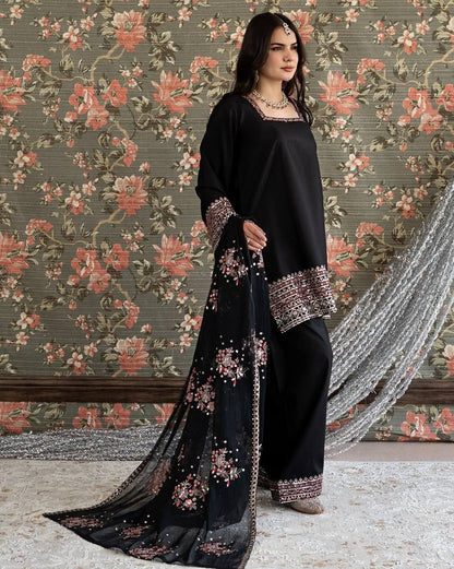 Imposing Black Color Sequence Thread Work Palazzo Suit