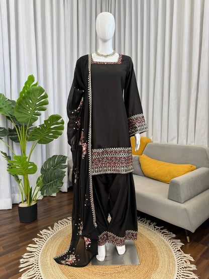 Imposing Black Color Sequence Thread Work Palazzo Suit