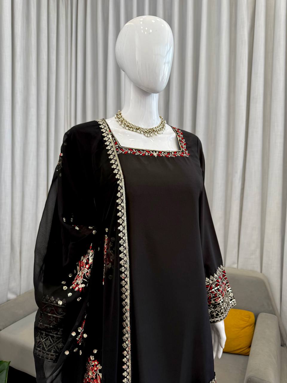 Imposing Black Color Sequence Thread Work Palazzo Suit