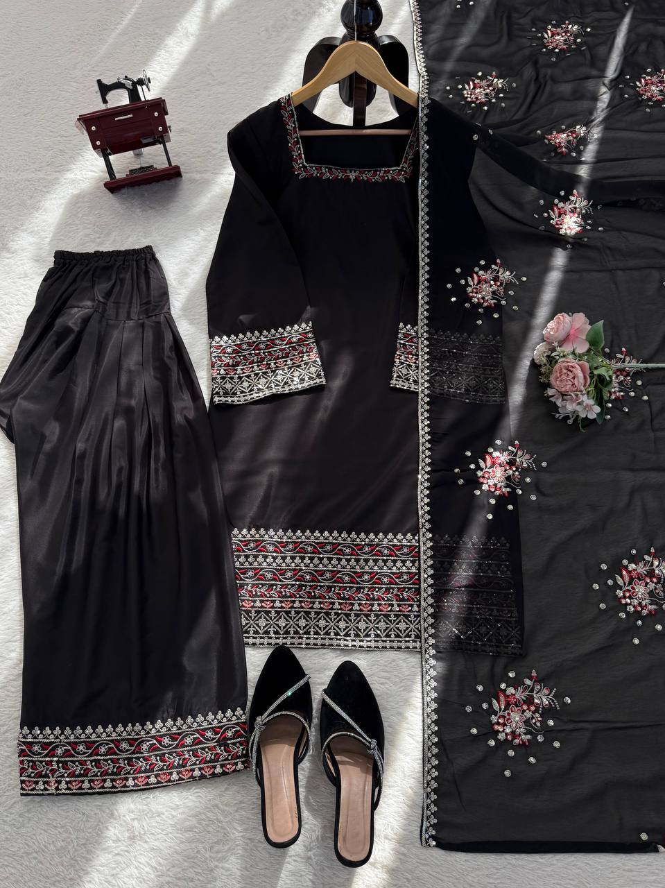 Imposing Black Color Sequence Thread Work Palazzo Suit