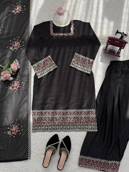 Imposing Black Color Sequence Thread Work Palazzo Suit