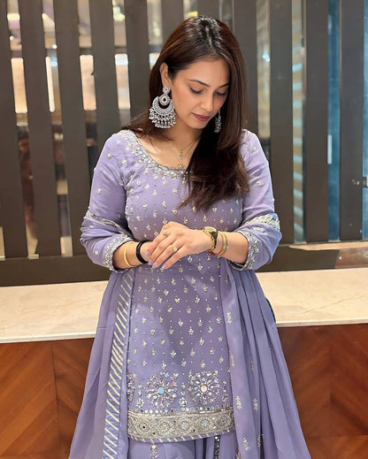 Party Wear Grey Color Heavy Faux Georgette With Embroidery Sequences Work Designer Palazzo Suit