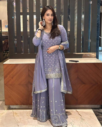Party Wear Grey Color Heavy Faux Georgette With Embroidery Sequences Work Designer Palazzo Suit