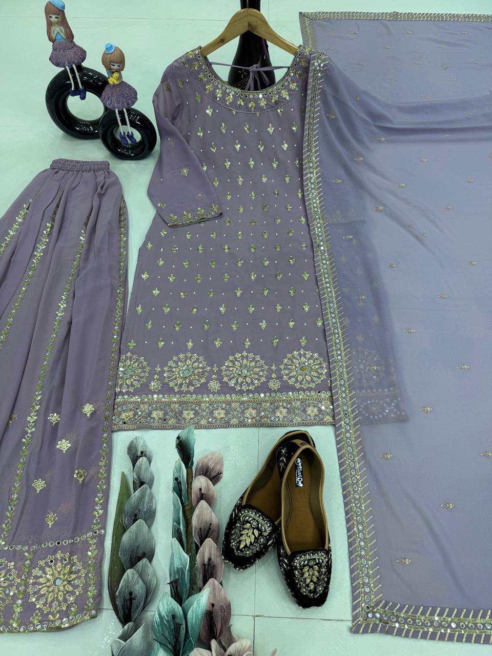 Party Wear Grey Color Heavy Faux Georgette With Embroidery Sequences Work Designer Palazzo Suit