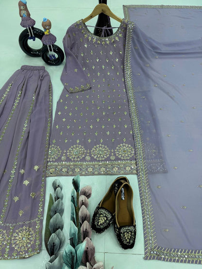 Party Wear Grey Color Heavy Faux Georgette With Embroidery Sequences Work Designer Palazzo Suit