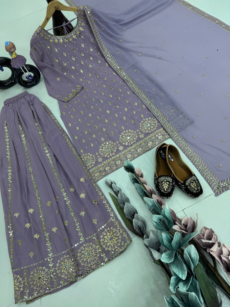 Party Wear Grey Color Heavy Faux Georgette With Embroidery Sequences Work Designer Palazzo Suit