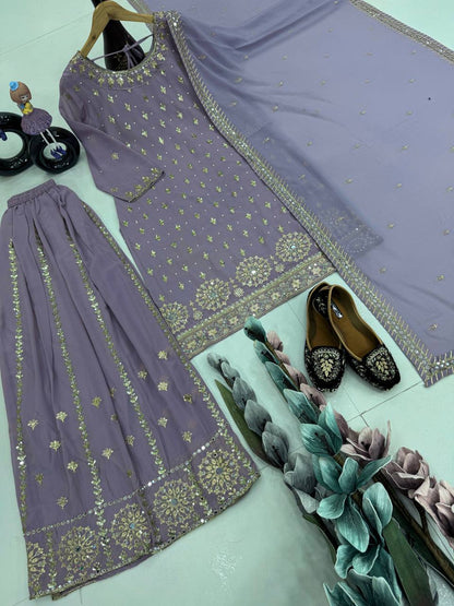 Party Wear Grey Color Heavy Faux Georgette With Embroidery Sequences Work Designer Palazzo Suit