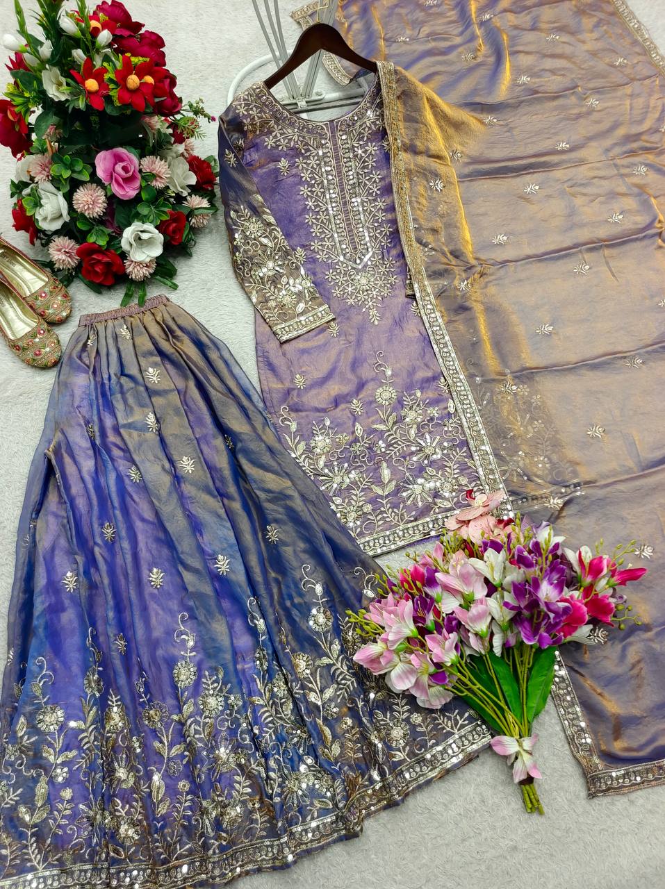 Wonderful Purple Color Embroidered Sequence Work Palazzo Suit