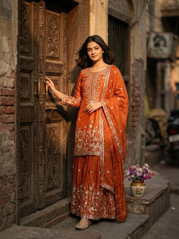 Fantastic Orange Color Embroidered Sequence Work Palazzo Suit