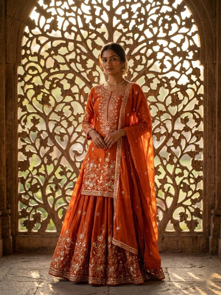 Fantastic Orange Color Embroidered Sequence Work Palazzo Suit