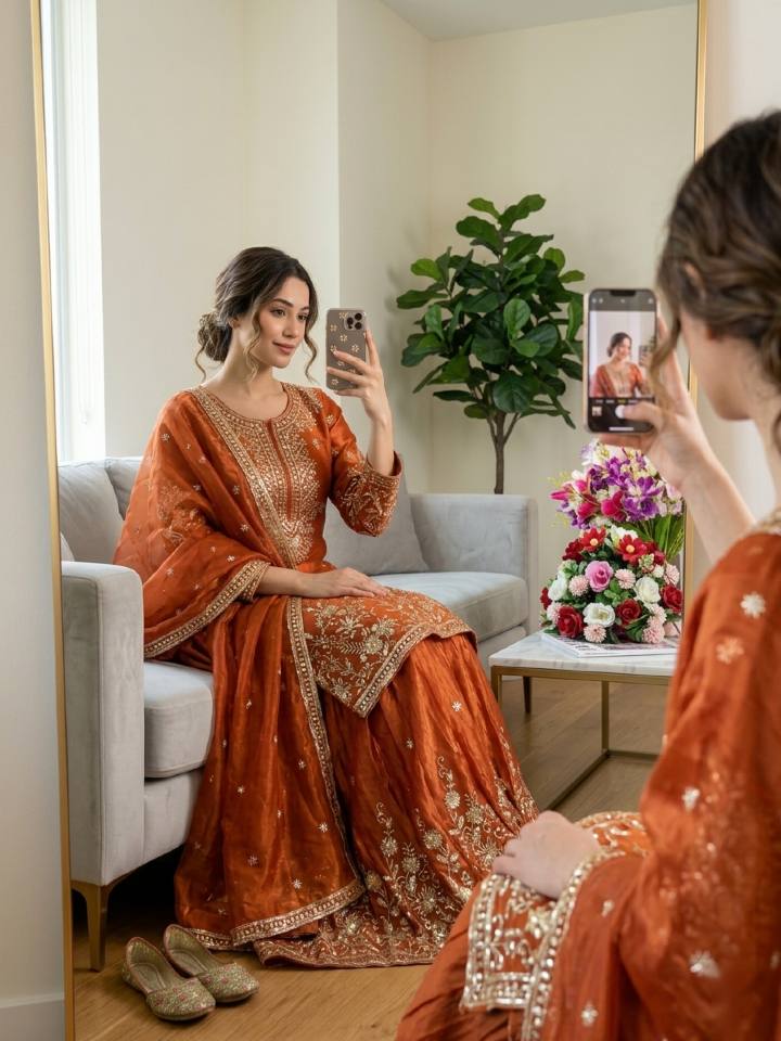 Fantastic Orange Color Embroidered Sequence Work Palazzo Suit
