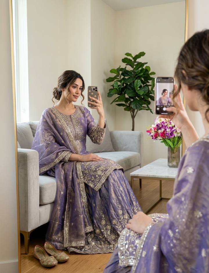 Wonderful Purple Color Embroidered Sequence Work Palazzo Suit