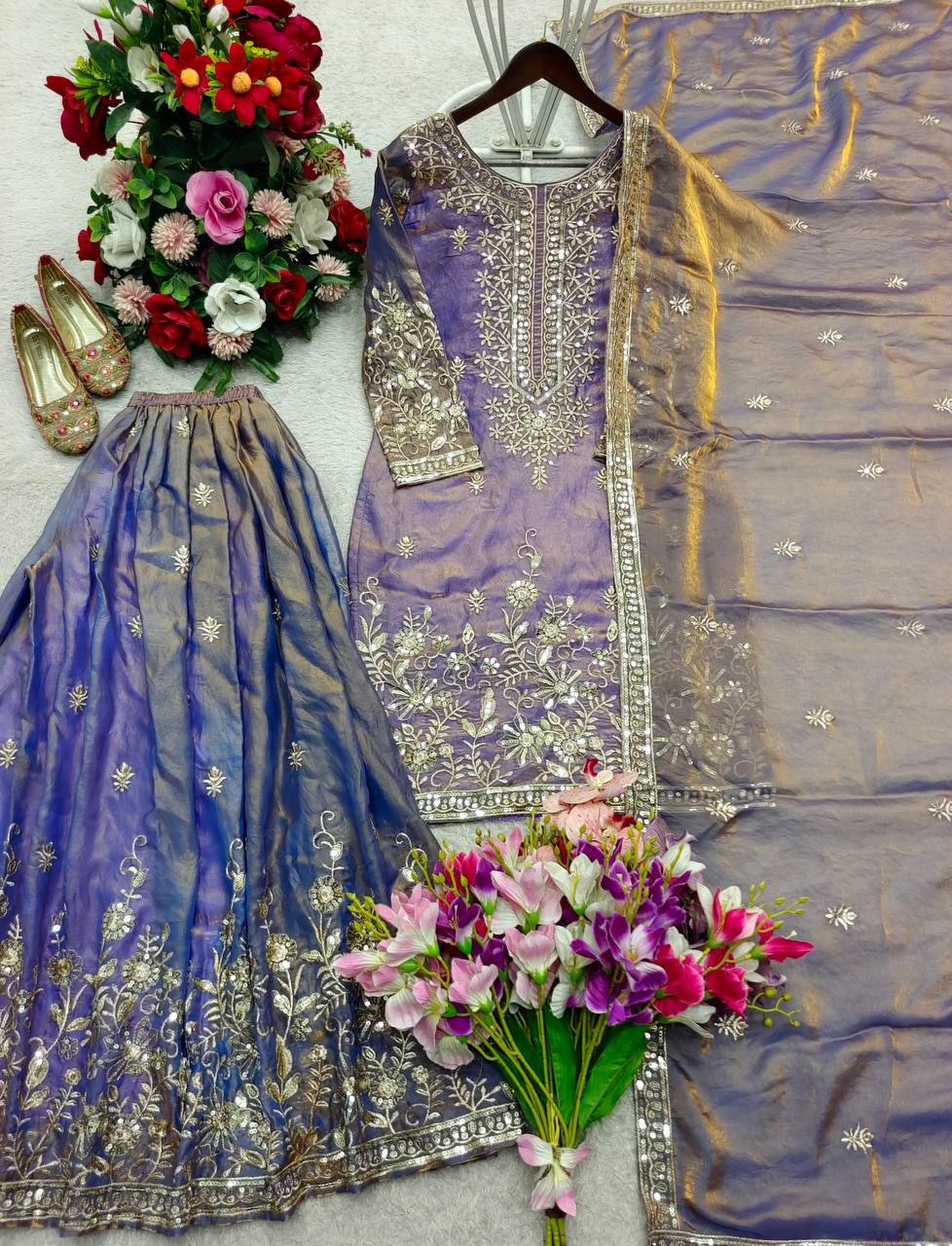 Wonderful Purple Color Embroidered Sequence Work Palazzo Suit