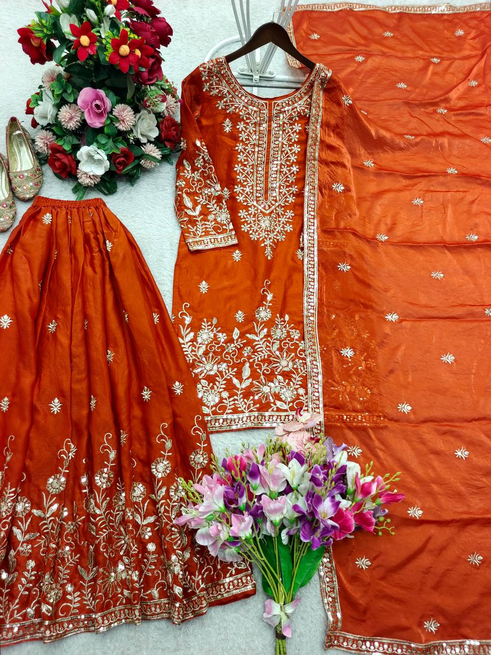 Fantastic Orange Color Embroidered Sequence Work Palazzo Suit