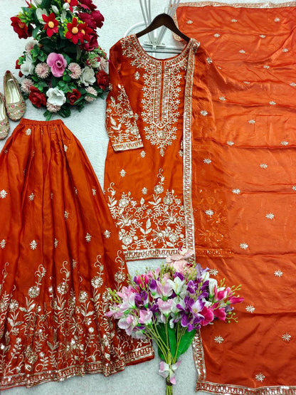 Fantastic Orange Color Embroidered Sequence Work Palazzo Suit