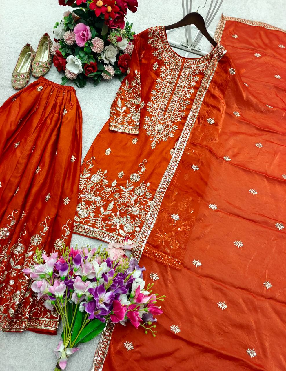 Fantastic Orange Color Embroidered Sequence Work Palazzo Suit