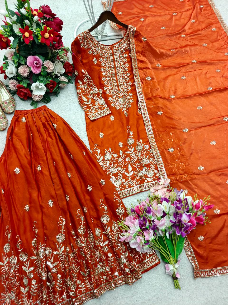 Fantastic Orange Color Embroidered Sequence Work Palazzo Suit