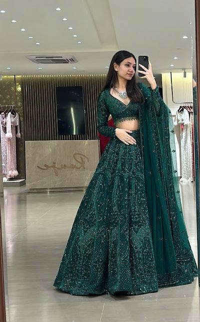 Wedding Wear Green Color Sequence Thread Work Lehenga Choli